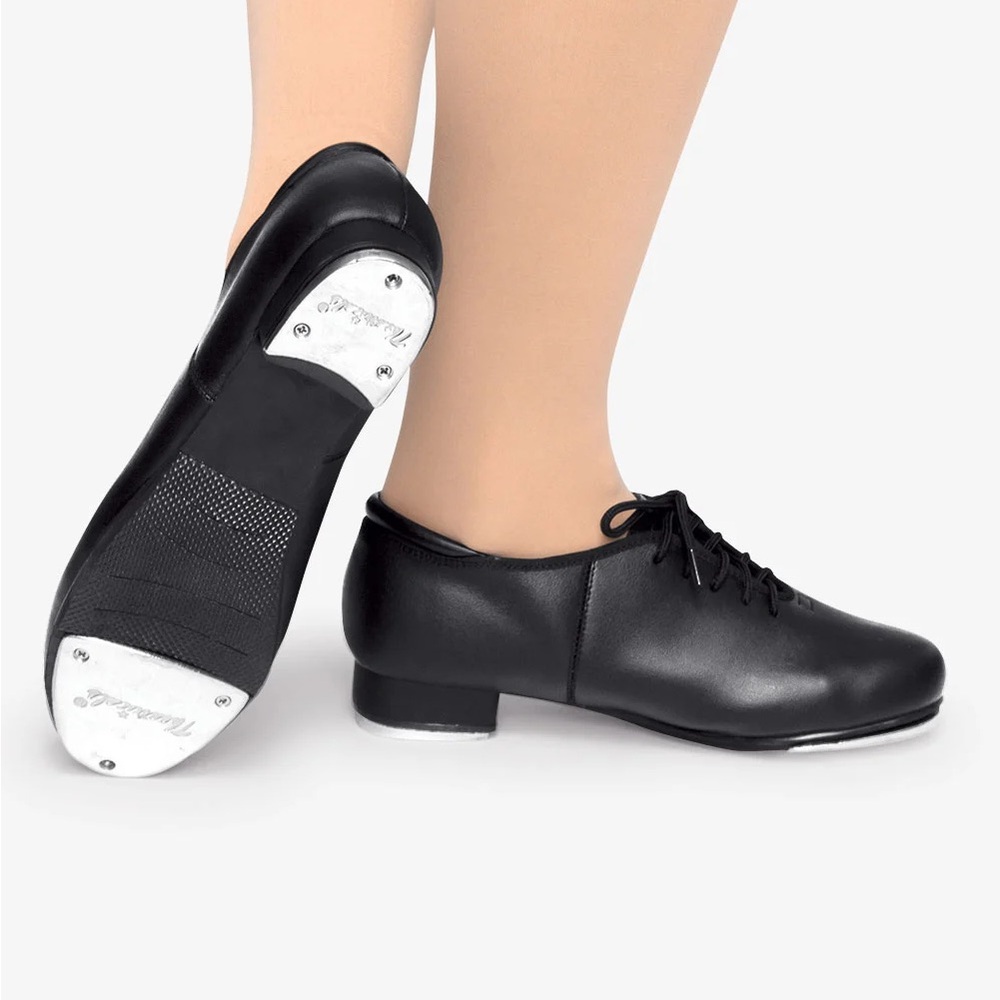 Theatricals Child’s Black Tap Dance Shoes Faux Leather Preowned Size 1 - Picture 2 of 5